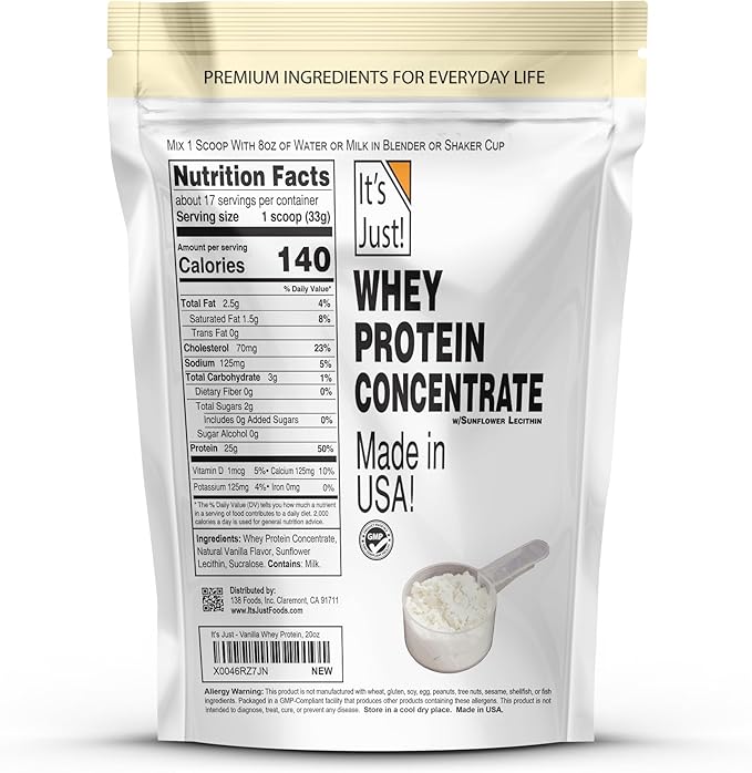 It's Just! - 100% Whey Protein Concentrate, Made in USA, Premium WPC-80, Natural Vanilla Flavor (1.25 Pound, /Vanilla)