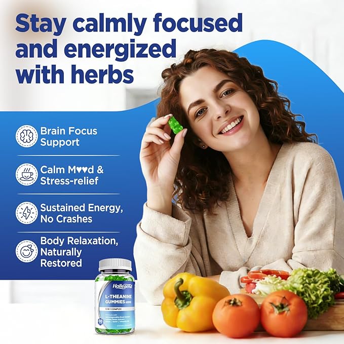 L-Theanine Gummies, l'theanine 400mg with Ashwagandha, GABA, 5HTP,L-Theanine Chewable Supplement for Relax, Zzz & Focus Support, Vegan, Lemon Flavor, 120 Counts