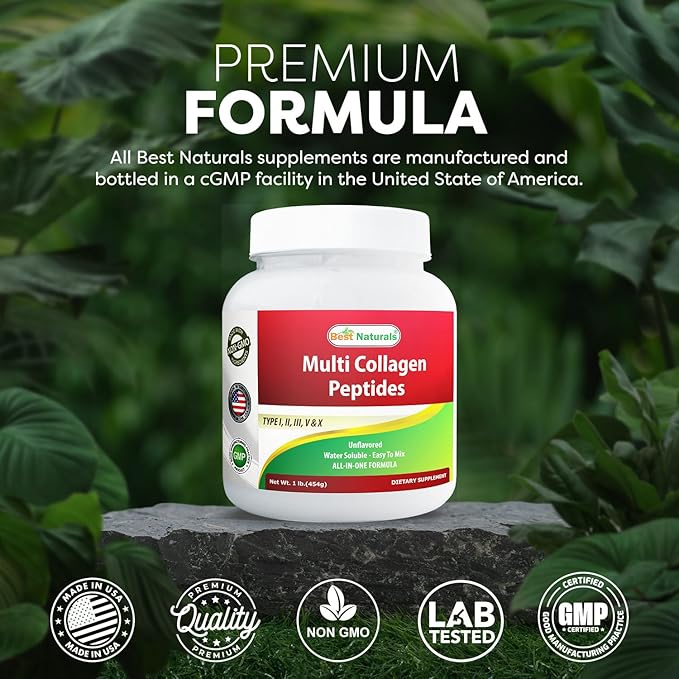 Best Naturals Multiple Collagen Peptides Protein Type I, II III, V & X Collagen unflavored 1 Pound - Grass Fed & Pasture Raised - Water Soluble - Easy to Mix