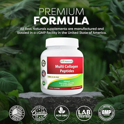 Best Naturals Multiple Collagen Peptides Protein Type I, II III, V & X Collagen unflavored 1 Pound - Grass Fed & Pasture Raised - Water Soluble - Easy to Mix
