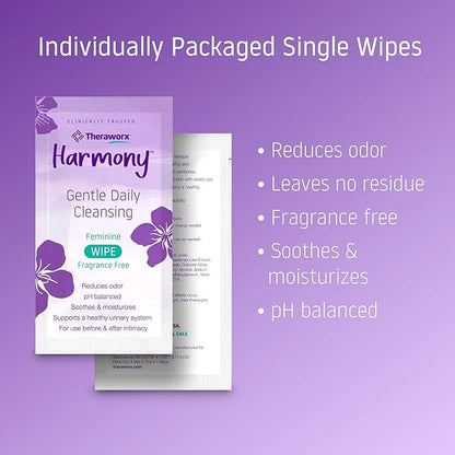 Theraworx Harmony Gentle Daily Cleansing Feminine Wipes Fragrance Free, Reduces Odor, Individually Wrapped, Travel Size – 15 Count