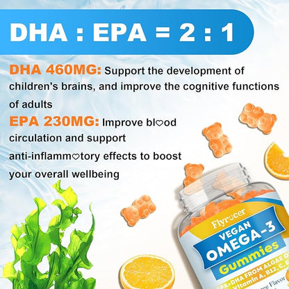 Vegan Omega 3 Gummies - Algal Oil Omega 3 Supplement with DHA, EPA & 10 Essential Vitamins, Fish Oil Alternative - Support Brain, Eye & Immunity for Adults, Orange Flavor, 120 Count