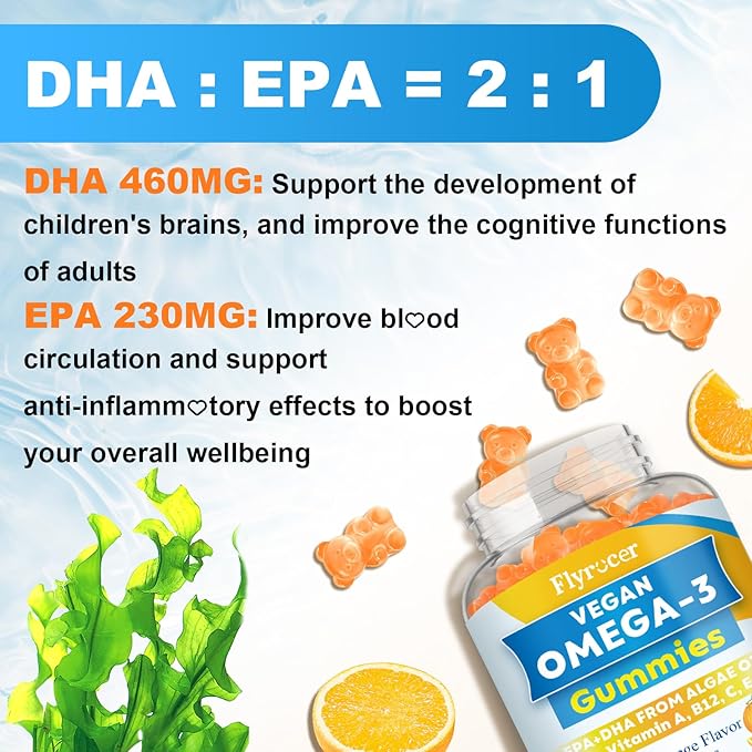 Vegan Omega 3 Gummies - Algal Oil Omega 3 Supplement with DHA, EPA & 10 Essential Vitamins, Fish Oil Alternative - Support Brain, Eye & Immunity for Adults, Orange Flavor, 60 Count