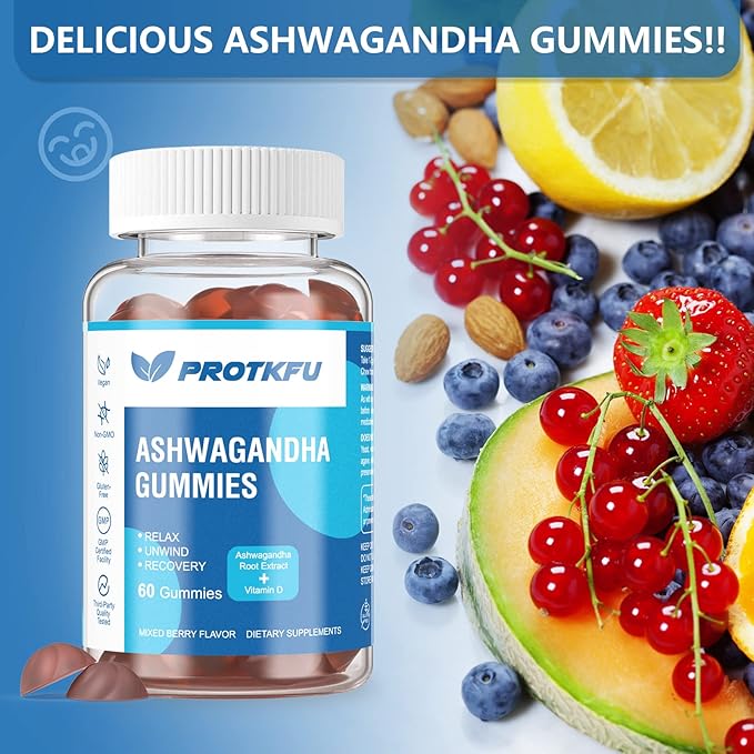 ProTKFU 2 Pack Ashwagandha Gummies & Vitamin D3 Gummies Organic Aswangdha Supplement for Improve Sleep, Stress Relief & Mood Calm (Non-GMO, Gluten-Free & Sugar Free)