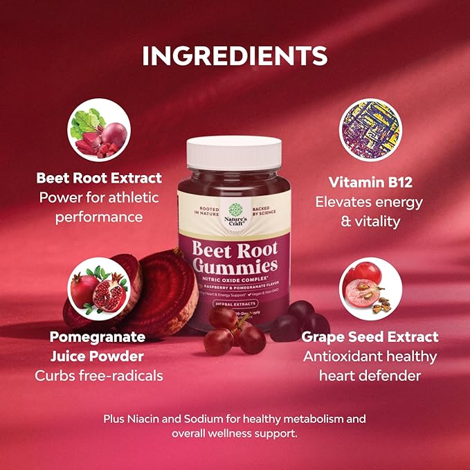Flow Boosting Beet Root Gummies - Invigorating Beet Gummies for Adults Nitric Oxide Energy & Heart Health Support with Grapeseed Pomegranate & Vitamin B12 - Vegan Non-GMO & Gluten Free - 120 Count