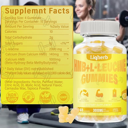 HMB and Leucine Gummies, with 3000mg HMB and L-Leucine Supplement for Muscle Recovery, Muscle Mass & Improve Endurance, for Men & Women, Non GMO, Vegan,Gluten Free, Lemon Flavor, 120 Gummies