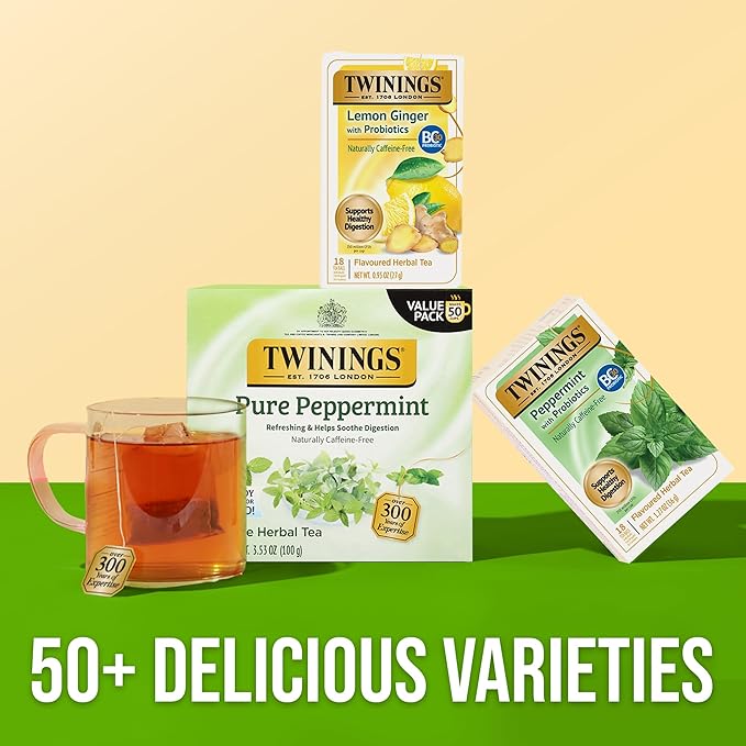 Twinings Peppermint with Probiotics Herbal Tea, 18 Count (Pack of 6), Supports Healthy Digestion, Naturally Caffeine-Free, Enjoy Hot or Iced, 96 Teabags