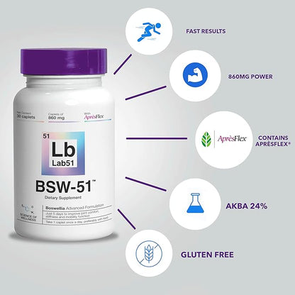 Boswellia Serrata AprèsFlex® Advanced Joint Support – BSW-51 with Hyaluronic Acid, Type II Collagen & Piperine – 30 Capsules, 860 mg Each – Supports Mobility, Flexibility & Cartilage Health