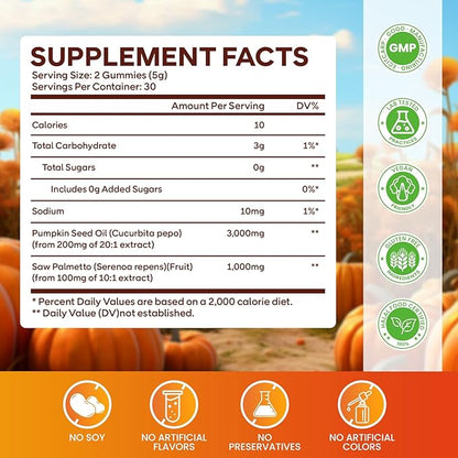 2 Pack Pumpkin Seed Oil Gummies with Saw Palmetto, 3000mg Per Serving Pumpkin Seed Oil Supplement for Hair Growth, Skin Health, High Pure Extract for Women & Men, Raspberry Flavor, 120 Count