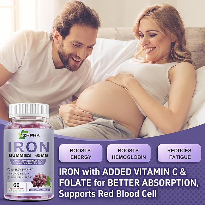 ZHPHK Iron Supplement for Women and Men, Grape Flavored Gummies 65mg and 250mg Vitamin C & Folate for Iron Deficiency and Anemia, Energy Support & Immune Health, 60 Count