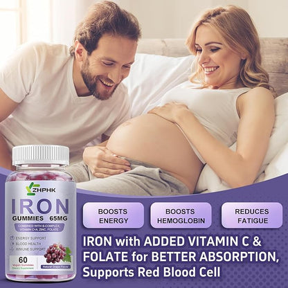 ZHPHK Iron Supplement for Women and Men, Grape Flavored Gummies 65mg and 250mg Vitamin C & Folate for Iron Deficiency and Anemia, Energy Support & Immune Health, 60 Count