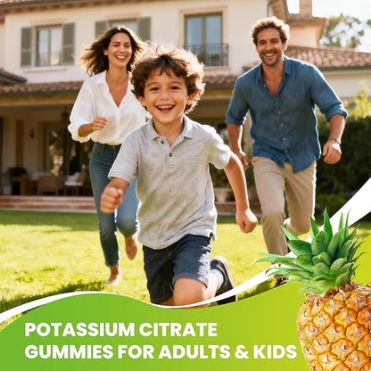 Potassium Citrate Gummies 1200mg, Chewable Potassium Supplement for Adults & Kids - Supports Muscle Health, Leg Cramps & Electrolyte Balance, Sugar-Free, Vegan, Pineapple Flavor, 60 Count