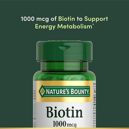 Nature's Bounty Biotin, Supports Metabolism for Energy and Healthy Hair, Skin, and Nails, 1000 mcg, 100 Tablets (Pack of 2)
