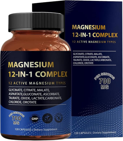 Puravita Magnesium Complex 700mg 12 in 1 Magnesium Supplement with Glycinate, Citrate, Malate & More | Easy Absorption, Energy Support, Vegan & Non-GMO | 120 Capsules (1pc)