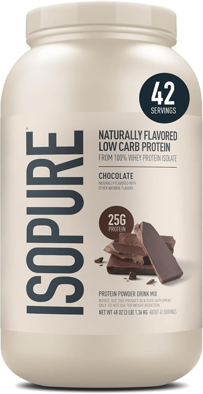 Isopure Low Carb 100% Pure Whey Isolate Protein Powder, Lactose Free, Gluten Free, with Vitamins, Chocolate, 25g Protein Per Serving, 3 Lbs, 42 Servings (Packaging May Vary)