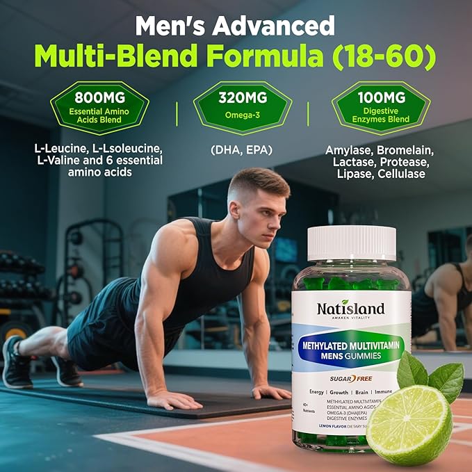 Methylated Multivitamin for Men Gummies, Men`s Multivitamins Gummies with Vitamin B Complex, A, C ,D3, E, K2, Calcium, Magnesium, Omega-3, Energy & Immune, Vegan, 50 Plus, Sugar Free, 60 Count