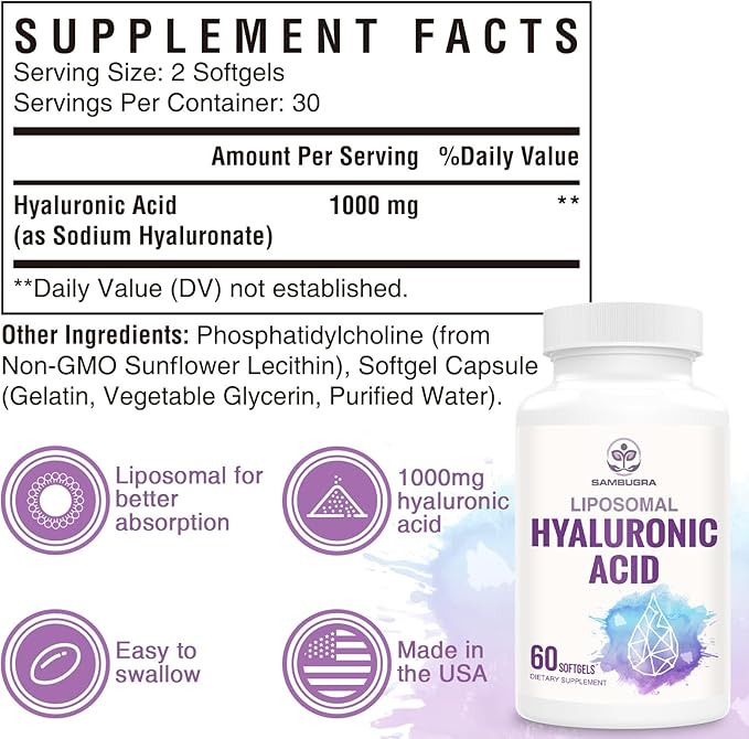 Liposomal Hyaluronic Acid 1000mg, High BioavailabilityHyaluronic Acid Capsules, Dietary Supplement Support Skin and Bones, 60 Capsules
