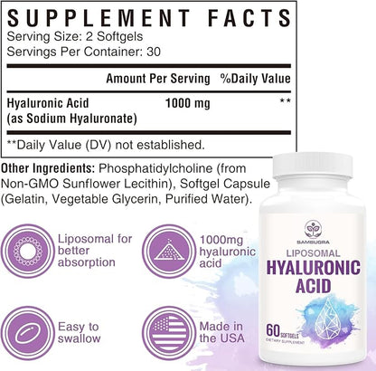 Liposomal Hyaluronic Acid 1000mg, High BioavailabilityHyaluronic Acid Capsules, Dietary Supplement Support Skin and Bones, 60 Capsules