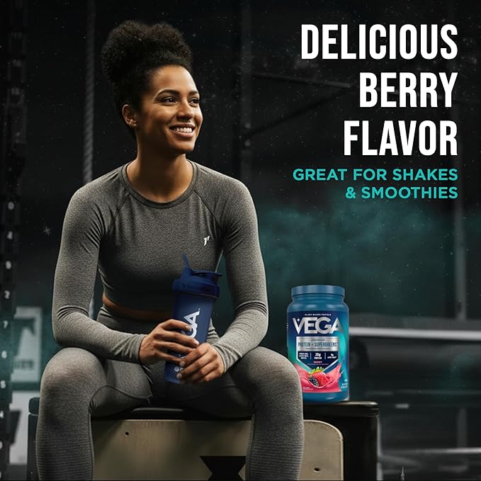 Vega Protein + Supergreens - 20g Plant-Based Protein, Berry, 26 Servings, Real Greens & Veggies, Vegan Keto, 0g Added Sugar, Non-GMO, Gluten Free, Dairy Free, 1.7lbs (Packaging May Vary)