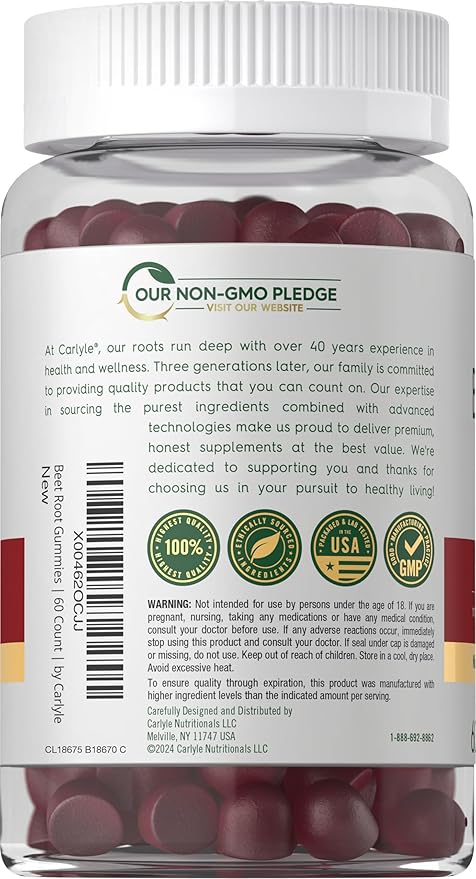 Carlyle Beet Root Gummies | 60 Count | Extract Supplement with Black Pepper and Vitamin C | for Men & Women | Beta Vulgaris | Strawberry Flavor | Vegan, Non-GMO, and Gluten Free