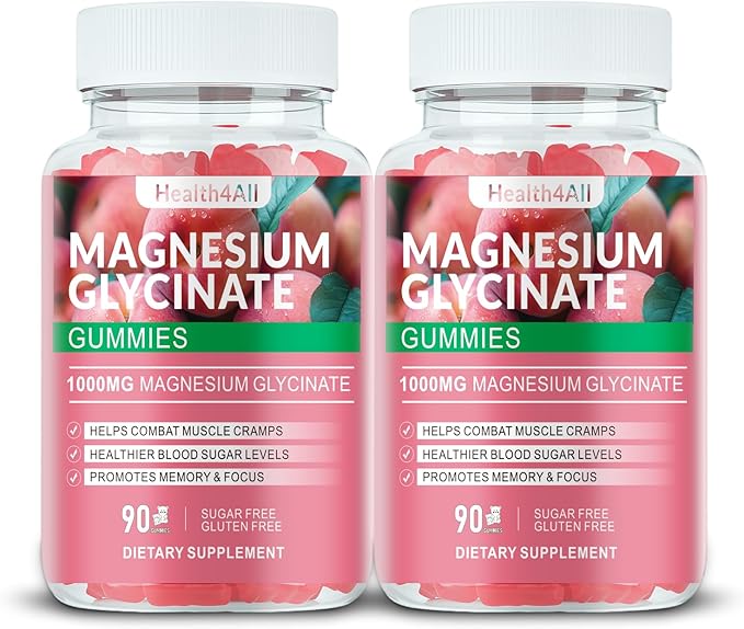 Magnesium Glycinate Gummies 1000mg, High Absorption Sugar Free Magnesium Potassium Supplement for Relaxation, Stress Relief, and Sleep Support for Adults & Kids - 180 Peach Gummies