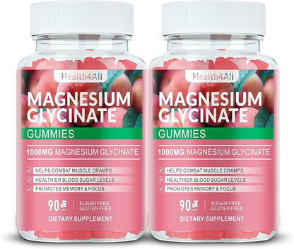 Magnesium Glycinate Gummies 1000mg, High Absorption Sugar Free Magnesium Potassium Supplement for Relaxation, Stress Relief, and Sleep Support for Adults & Kids - 180 Peach Gummies
