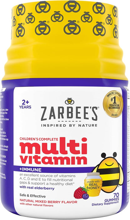 Zarbee's Complete Kids Multivitamin Gummies + Immune Support, Berry Flavor, Honey-Sweetened, Gluten-Free & Gelatin-Free, Vitamins A, C, D3, E, B6, B12, Folic Acid & B-Complex, 70 Count (Pack of 2)