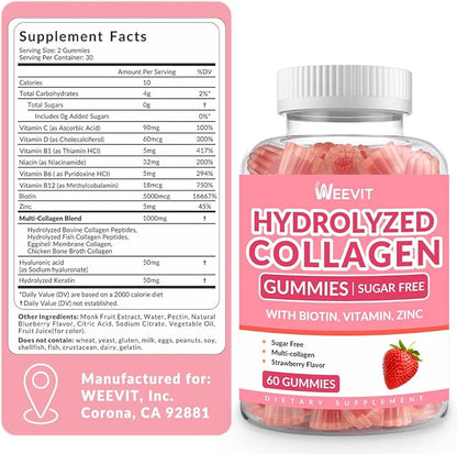Collagen Gummies for Women, Hydrolyzed Collagen Peptides Gummies with Biotin, Collagen Supplements Gummy with Vitamin B12, C, D, Zinc for Hair Skin Nail