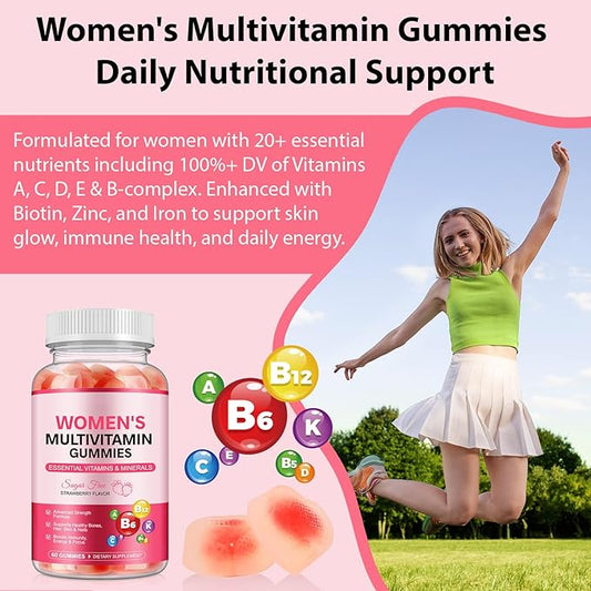 Multivitamin Gummies for Women, Natural Multi Vitamins, Boosts Immunity, Energy & Focus, Womens Daily Multivitamin Gummy for Hair, Skin & Nails, Sugar-Free, Strawberry Flavor, 60 Gummies