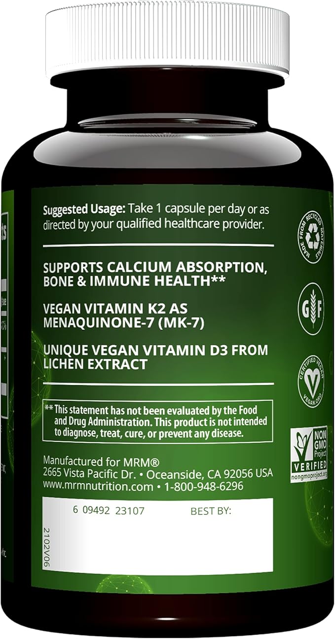 MRM Nuturition Vegan Vitamin D3 & K2 | Bone + Immune Health | Made from lichens | Supports Calcium Absorption | Vegan + Vegetarian Friendly | 60 Servings