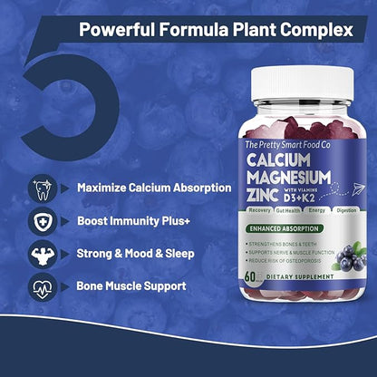 Calcium Magnesium Zinc Gummies with Vitamin D3 & K2 for Bone, Muscle & Immune Support - High Potency Enhanced Absorption - 60 Blueberry Gummies