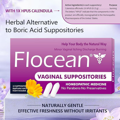 Calendula Vaginal Suppositories for Women - Herbal Alternative to Boric Acid Suppositories, Supports pH Balance, Odor Control & Itching Relief, Paraben-Free & Preservative-Free, 12 Count