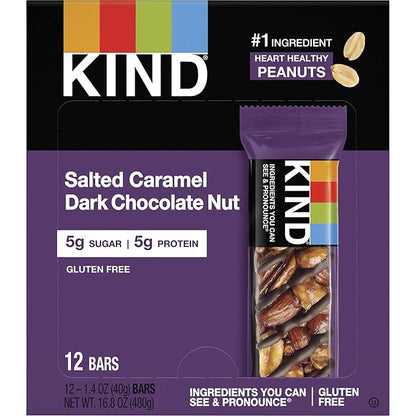 KIND Nut Bars, Salted Caramel & Dark Chocolate Nut, Healthy Snacks, Gluten Free, Low Sugar, 6g Protein, 12 Count (Pack of 2)