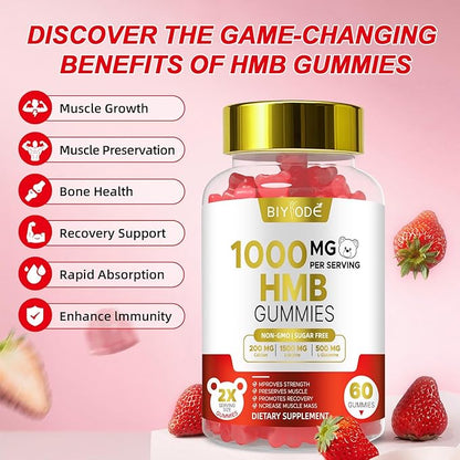 HMB Gummies for Women 1000mg HMB: 1500mg L-Leucine 500mg L-Glutamine Muscle & Bone Support with Calcium Sugar-Free Non-GMO Strawberry Flavor 60 Gummies