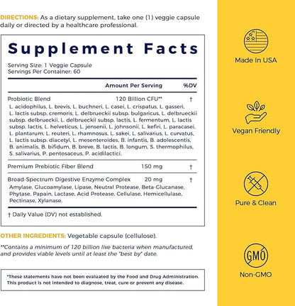 NewRhythm Probiotics 120 Billion CFU 36 Strains, 3-in-1 Probiotics with Prebiotics & Enzymes, Probioticos for Women & Men, Vegan Targeted Release Supplement, 60ct