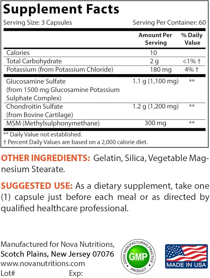 Nova Nutritions Triple Strength Glucosamine Chondroitin MSM 2600mg/Serving Capsules, Supports Healthy Joint, Cartilage and Connective Tissue - Promotes Joint Comfort & Flexibility 180 Count