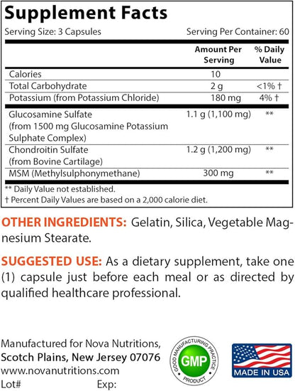 Nova Nutritions Triple Strength Glucosamine Chondroitin MSM 2600mg/Serving Capsules, Supports Healthy Joint, Cartilage and Connective Tissue - Promotes Joint Comfort & Flexibility 180 Count