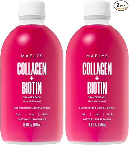 MAËLYS Super Charged Liquid Collagen for Women - Collagen Peptides Supplement with Biotin for Hair, Skin and Nails - Orange Peach (Pack of 2)