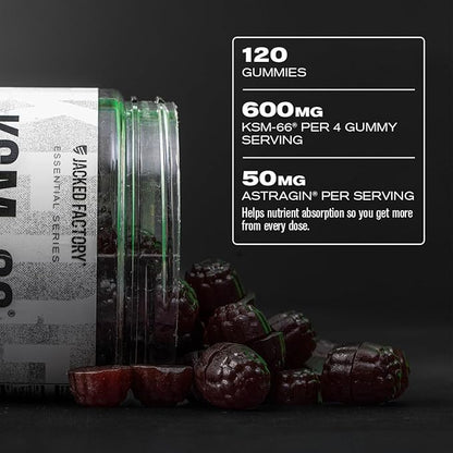 Jacked Factory Ashwagandha Gummies - KSM 66 Ashwagandha Gummies (600mg Per Serving) - Enhance Cognitive Function, Boost Mood, and Promote Hormonal Balance - 120 Gummies, Cherry Splash