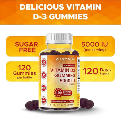 Vitamatic Sugar Free Vitamin D3 5000 IU - 120 Gummies - Great Taste - Healthy Bones, Mood & Immune System Function - Non-GMO - 120 Servings (5000 IU)