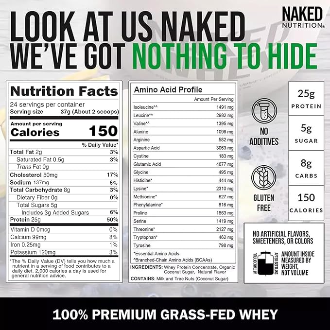 NAKED Whey Vanilla Protein Powder - Only 3 Ingredients - Grass Fed Whey Protein Powder, Vanilla Flavor, and Organic Coconut Sugar, NSF Certified, No GMO, No Soy, and Gluten Free - 24 Servings