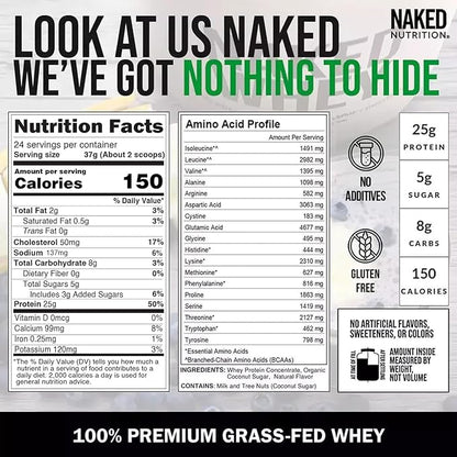 NAKED Whey Vanilla Protein Powder - Only 3 Ingredients - Grass Fed Whey Protein Powder, Vanilla Flavor, and Organic Coconut Sugar, NSF Certified, No GMO, No Soy, and Gluten Free - 24 Servings