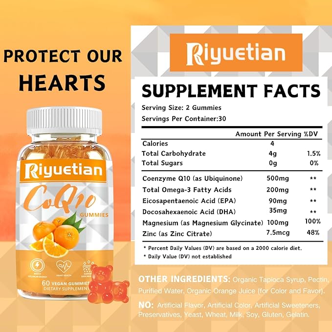 COQ10 Gummies - CoQ10 500mg + Omega-3 EPA/DHA + Magnesium Glycinate + Zinc Citrate, to Support Heart Health, Energy Production, Immune System & Mineral Absorption, 30 Servings