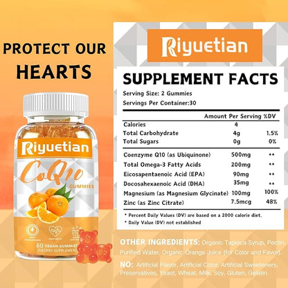 COQ10 Gummies - CoQ10 500mg + Omega-3 EPA/DHA + Magnesium Glycinate + Zinc Citrate, to Support Heart Health, Energy Production, Immune System & Mineral Absorption, 30 Servings