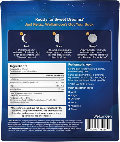 Wellamoon Original Sleep Patches for Adults Extra Strength | Easy-to-Apply Sleep Patch with Melatonin & Valerian | Relax & Wake Up Refreshed | Long-Lasting Night Comfort for Men & Women | 28 Patches