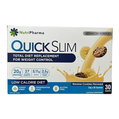 Quick Slim High Protein Shakes for Weight Loss, 30 Servings, Complete Meal Replacement Powder, Diet Shakes for Women & Men, 20g Protein, 27 Vit & Min, Keto, Gluten Free (Banana Cookies, 30 Sachets)