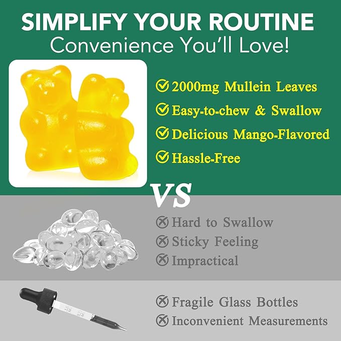 60 Count Mullein Gummies for Lung Cleanse, 2000mg Organic Mullein Leaf Extract for Lung Cleanse and Respiratory Support, Natural Mullein Herbal Supplement, Pear Flavor Gummies