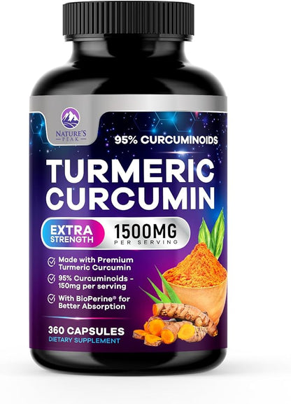 Turmeric Curcumin Supplement - 1350mg Organic Turmeric Per Serving - 95% Curcuminoids & BioPerine Black Pepper Extract for Best Absorption - Natural Vegan Joint Support, Bottled in USA - 360 Capsules