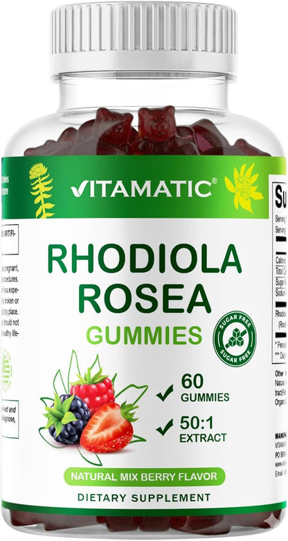 Vitamatic Rhodiola Rosea Gummies – Sugar-Free Plant-Based Extract – Mixed Berry Flavor – Vegan, Non-GMO – Adaptogen Supplement Gummies – 60 Count