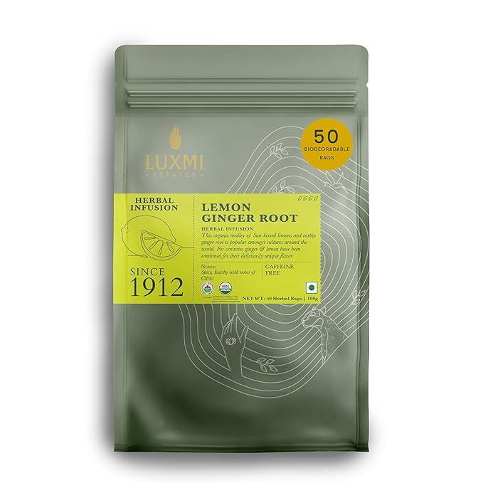 Luxmi Estates Organic Lemon Ginger Root Tea for Digestion & Immunity | Caffeine Free | 50 Biodegradable Teabags (50 cups)